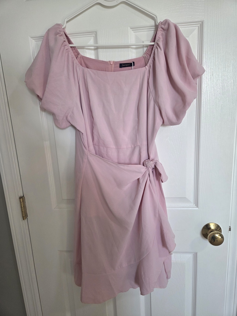 Soft Pink Puff-Sleeve Wrap Midi Dress